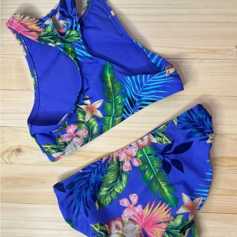 GAP Kids Tropical Floral Two Piece Swimsuit Bikini Blue Girls Size 4/5 XS Beach